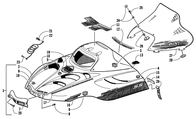 Parts Diagram for Arctic Cat 2002 ZL 800 EFI SS SNOWMOBILE HOOD AND WINDSHIELD ASSEMBLY