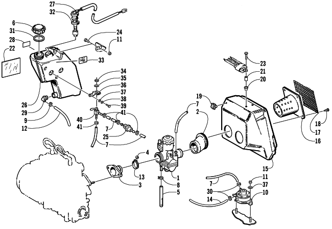 Parts Diagram for Arctic Cat 2002 BEARCAT WIDE TRACK SNOWMOBILE CARBURETOR, FUEL PUMP, OIL TANK, AND AIR SILENCER