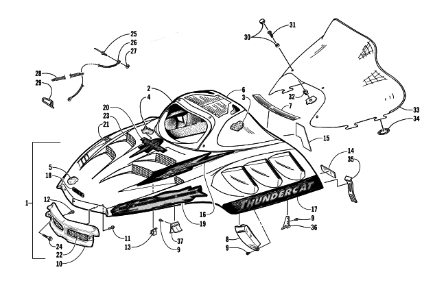 Parts Diagram for Arctic Cat 2002 THUNDERCAT SNOWMOBILE HOOD AND WINDSHIELD ASSEMBLY