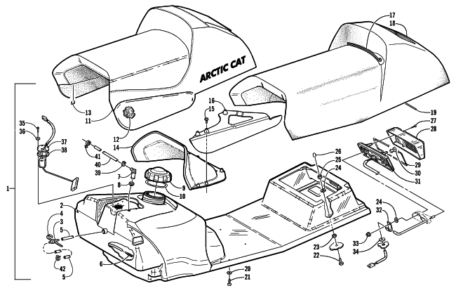 Parts Diagram for Arctic Cat 2002 THUNDERCAT SNOWMOBILE GAS TANK, SEAT, AND TAILLIGHT ASSEMBLY