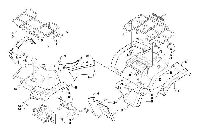 Parts Diagram for Arctic Cat 2002 375 AUTOMATIC TRANSMISSION (2X4 ) ATV BODY PANEL ASSEMBLY