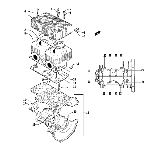 Parts Diagram for Arctic Cat 2002 MOUNTAIN CAT 570 SNOWMOBILE CRANKCASE AND CYLINDER