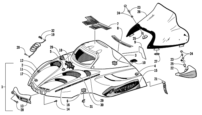 Parts Diagram for Arctic Cat 2002 PANTERA 800 EFI ESR SNOWMOBILE HOOD AND WINDSHIELD ASSEMBLY