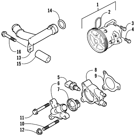 Parts Diagram for Arctic Cat 2002 4-STROKE TRAIL SNOWMOBILE WATER PUMP AND THERMOSTAT ASSEMBLIES