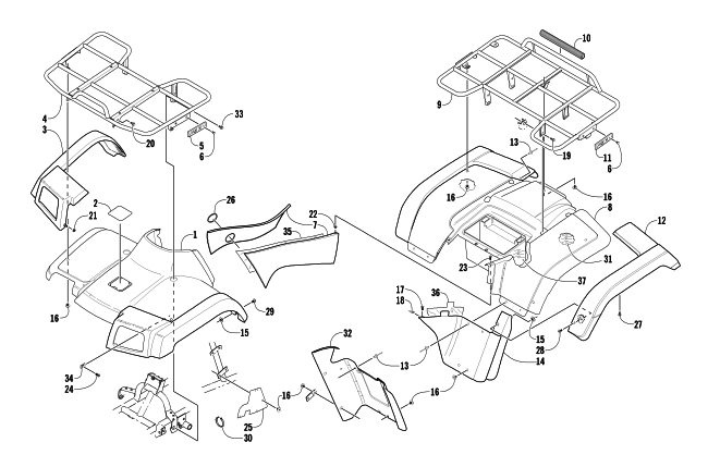 Parts Diagram for Arctic Cat 2002 400/500 MANUAL TRANSMISSION FIS (500 ) ATV BODY PANEL ASSEMBLY