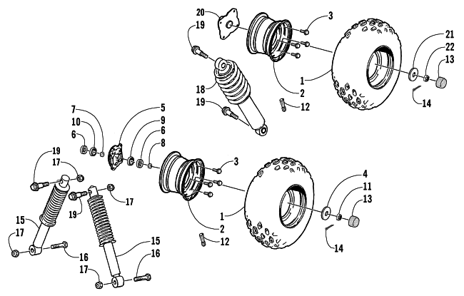 Parts Diagram for Arctic Cat 2004 90 Y-12 YOUTH 2-STROKE ATV WHEEL, TIRE, AND SUSPENSION ASSEMBLY