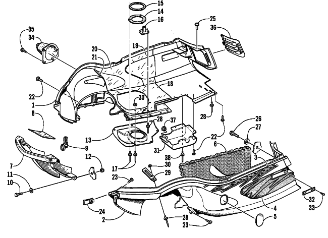 Parts Diagram for Arctic Cat 2003 MOUNTAIN CAT 900 EARLY BUILD SNOWMOBILE BELLY PAN AND FRONT BUMPER ASSEMBLY