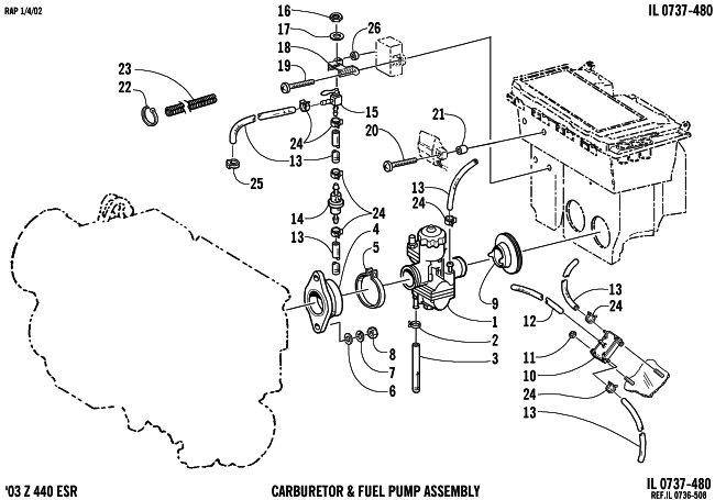 Parts Diagram for Arctic Cat 2003 Z 440 ESR SNOWMOBILE CARBURETOR AND FUEL PUMP ASSEMBLY