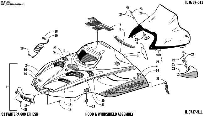 Parts Diagram for Arctic Cat 2003 PANTERA 600 EFI ESR SNOWMOBILE HOOD AND WINDSHIELD ASSEMBLY