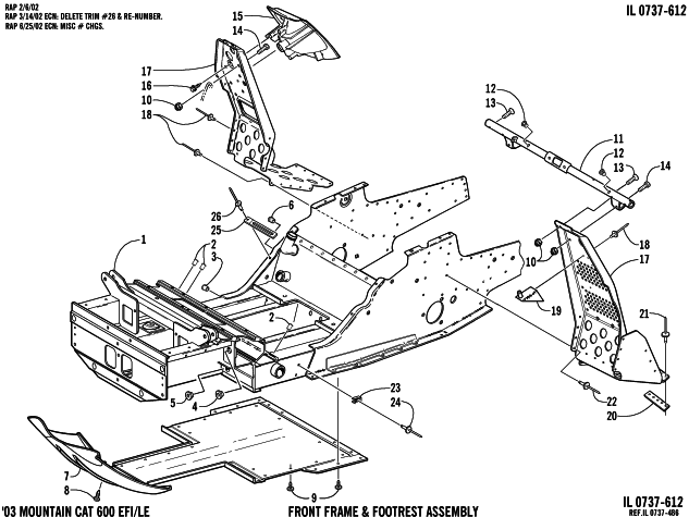 Parts Diagram for Arctic Cat 2003 MOUNTAIN CAT 600 EFI ( 136) SNOWMOBILE FRONT FRAME AND FOOTREST ASSEMBLY