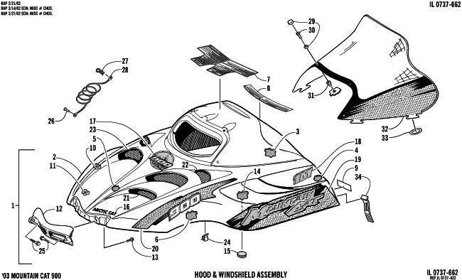 Parts Diagram for Arctic Cat 2003 MOUNTAIN CAT 900 ( 144) SNOWMOBILE HOOD AND WINDSHIELD ASSEMBLY