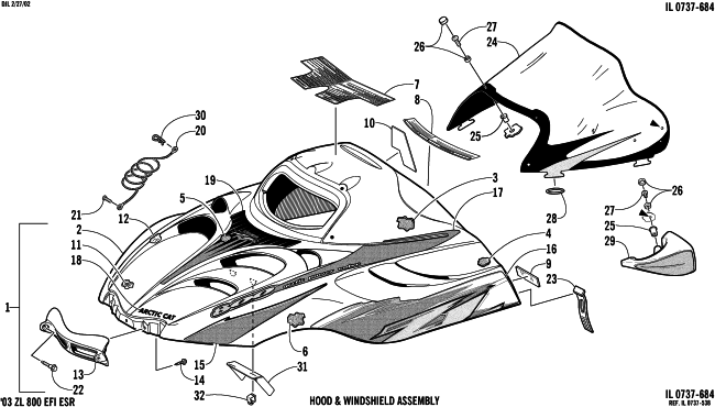 Parts Diagram for Arctic Cat 2003 ZL 800 EFI ESR (ESR ) SNOWMOBILE HOOD AND WINDSHIELD ASSEMBLY