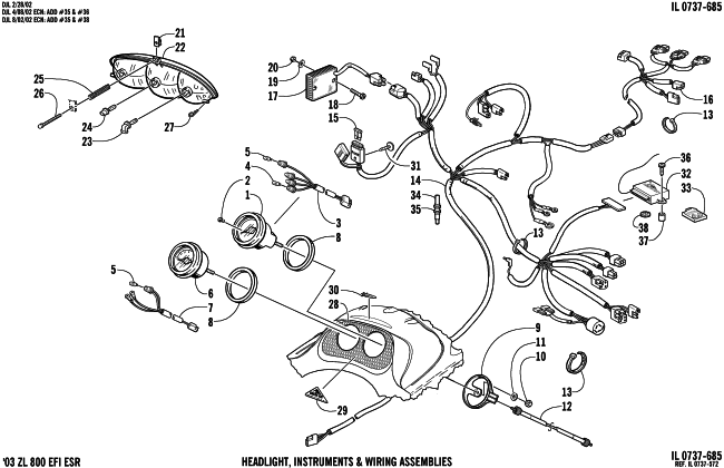 Parts Diagram for Arctic Cat 2003 ZL 800 EFI ESR (ESR ) SNOWMOBILE HEADLIGHT, INSTRUMENTS, AND WIRING ASSEMBLIES