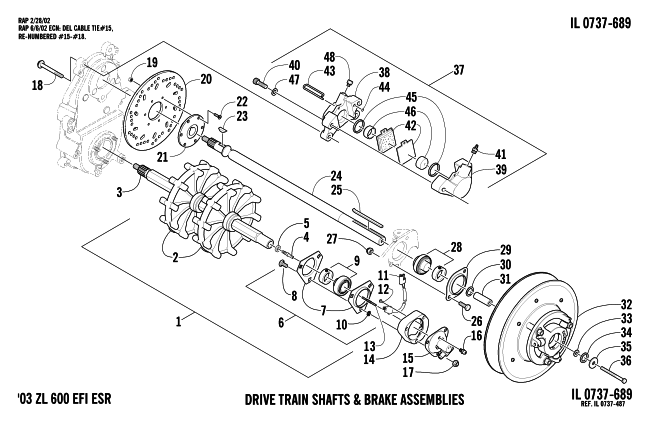 Parts Diagram for Arctic Cat 2003 ZL 600 EFI (ESR ) SNOWMOBILE DRIVE TRAIN SHAFTS AND BRAKE ASSEMBLIES
