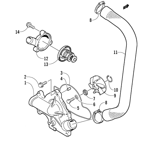 Parts Diagram for Arctic Cat 2004 SABERCAT 500 LX SNOWMOBILE WATER PUMP/WATER MANIFOLD