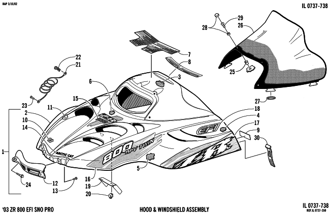 Parts Diagram for Arctic Cat 2003 ZR 800 EFI SNO PRO () SNOWMOBILE HOOD AND WINDSHIELD ASSEMBLY