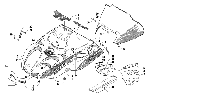 Parts Diagram for Arctic Cat 2003 MOUNTAIN CAT 570 SNOWMOBILE HOOD AND WINDSHIELD ASSEMBLY