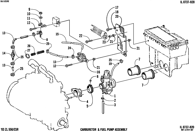 Parts Diagram for Arctic Cat 2003 ZL 550 SNOWMOBILE CARBURETOR AND FUEL PUMP ASSEMBLY