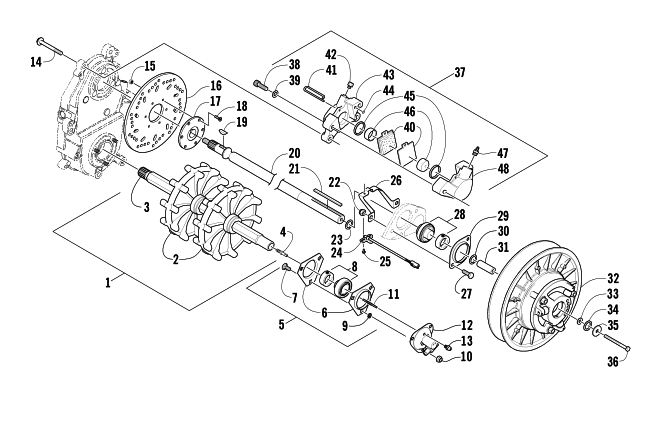 Parts Diagram for Arctic Cat 2003 4-STROKE TRAIL SNOWMOBILE DRIVE TRAIN SHAFTS AND BRAKE ASSEMBLIES