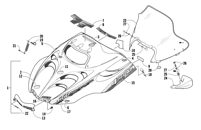 Parts Diagram for Arctic Cat 2003 4-STROKE TRAIL SNOWMOBILE HOOD AND WINDSHIELD ASSEMBLY