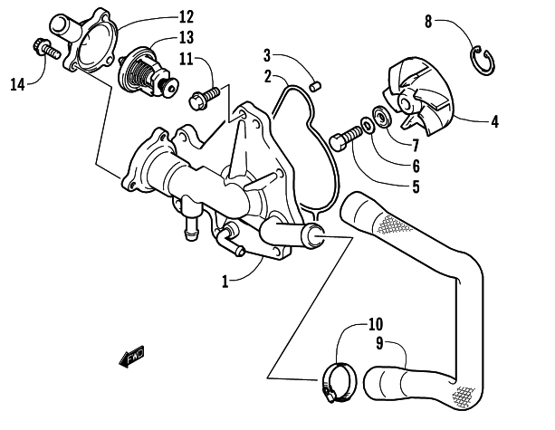 Parts Diagram for Arctic Cat 2004 SABERCAT 700 EFI LX SNOWMOBILE WATER PUMP AND THERMOSTAT
