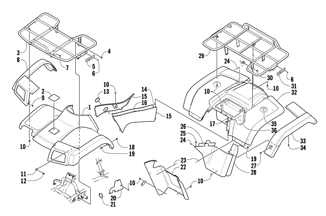 Parts Diagram for Arctic Cat 2003 500 FIS MANUAL TRANSMISSION ( - MRP) ATV BODY PANEL ASSEMBLY