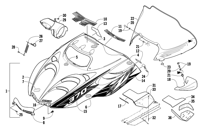 Parts Diagram for Arctic Cat 2004 Z 370 SNOWMOBILE HOOD AND WINDSHIELD ASSEMBLY