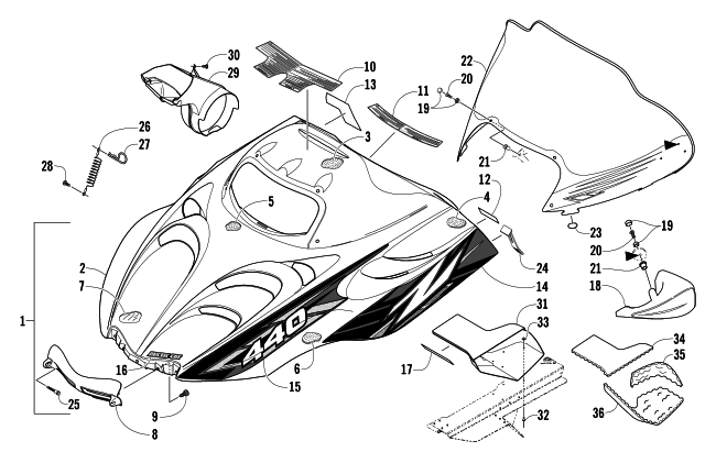 Parts Diagram for Arctic Cat 2004 Z 440 LX SNOWMOBILE HOOD AND WINDSHIELD ASSEMBLY