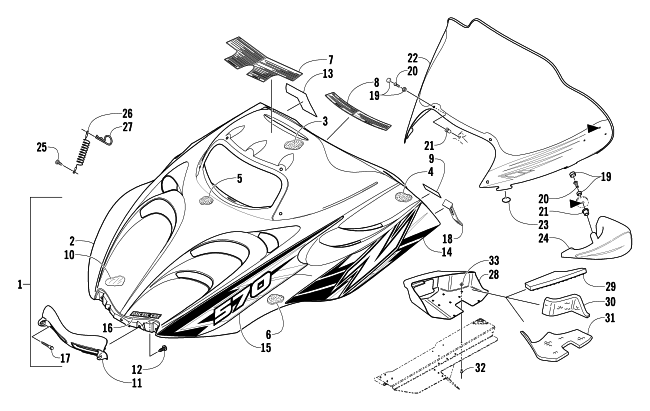 Parts Diagram for Arctic Cat 2004 Z 570 SNOWMOBILE HOOD AND WINDSHIELD ASSEMBLY