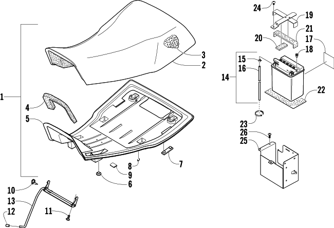 Parts Diagram for Arctic Cat 2004 500 AUTOMATIC TRANSMISSION 4X4 TBX ATV SEAT AND BATTERY ASSEMBLIES