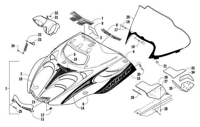 Parts Diagram for Arctic Cat 2004 PANTHER 370 SNOWMOBILE HOOD AND WINDSHIELD ASSEMBLY