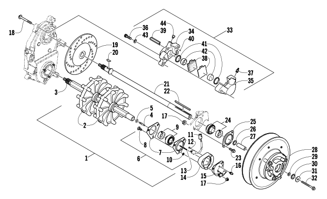 Parts Diagram for Arctic Cat 2004 PANTERA 800 EFI SNOWMOBILE DRIVE TRAIN SHAFTS AND BRAKE ASSEMBLIES