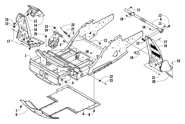 Parts Diagram for Arctic Cat 2004 MOUNTAIN CAT 570 SNOWMOBILE FRONT FRAME AND FOOTREST ASSEMBLY