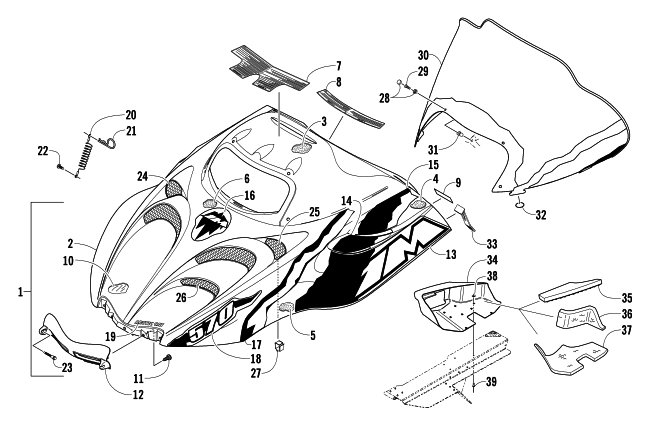 Parts Diagram for Arctic Cat 2004 MOUNTAIN CAT 570 SNOWMOBILE HOOD AND WINDSHIELD ASSEMBLY