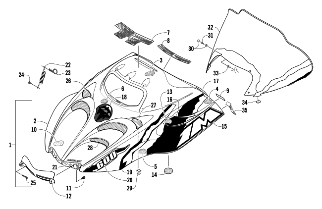 Parts Diagram for Arctic Cat 2004 MOUNTAIN CAT 600 EFI SNOWMOBILE HOOD AND WINDSHIELD ASSEMBLY