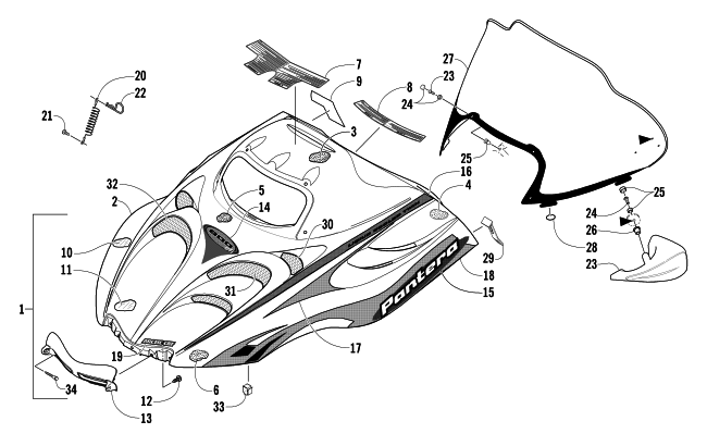 Parts Diagram for Arctic Cat 2004 PANTERA 800 EFI SNOWMOBILE HOOD AND WINDSHIELD ASSEMBLY