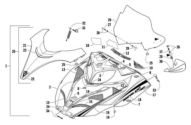 Parts Diagram for Arctic Cat 2004 T660 TOURING SNOWMOBILE HOOD AND WINDSHIELD ASSEMBLY