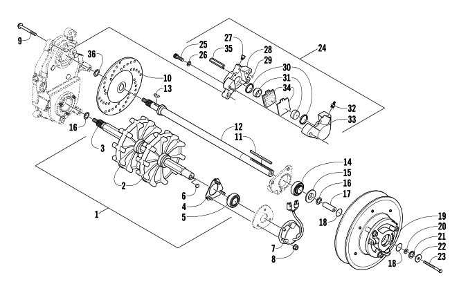 Parts Diagram for Arctic Cat 2004 FIRECAT 500 SNO PRO 1.375 SNOWMOBILE DRIVE TRAIN SHAFTS AND BRAKE ASSEMBLIES