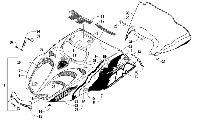 Parts Diagram for Arctic Cat 2004 MOUNTAIN CAT 900 159 SNOWMOBILE HOOD AND WINDSHIELD ASSEMBLY