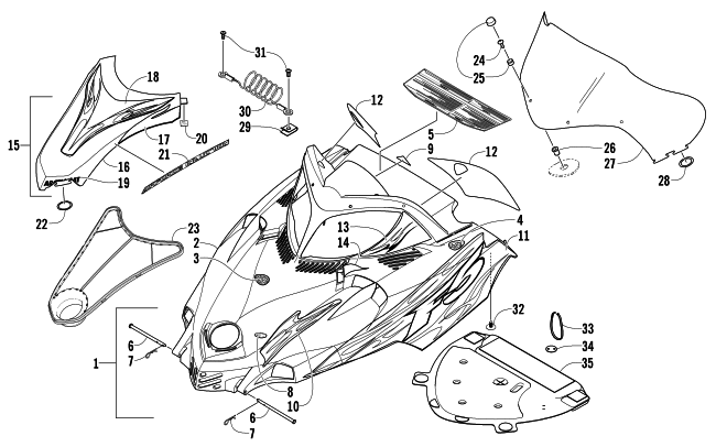 Parts Diagram for Arctic Cat 2004 FIRECAT 500 SNO PRO 1 SNOWMOBILE HOOD AND WINDSHIELD ASSEMBLY