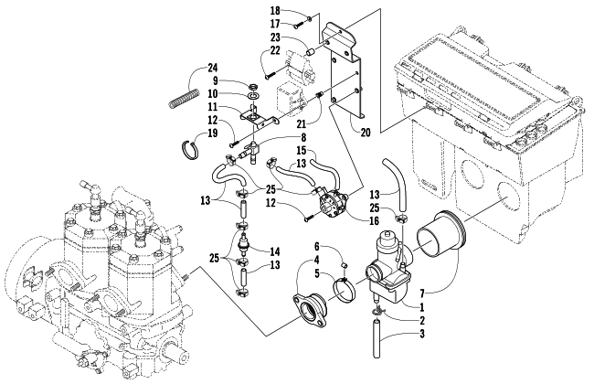 Parts Diagram for Arctic Cat 2004 PANTERA 550 SNOWMOBILE CARBURETOR AND FUEL PUMP ASSEMBLY