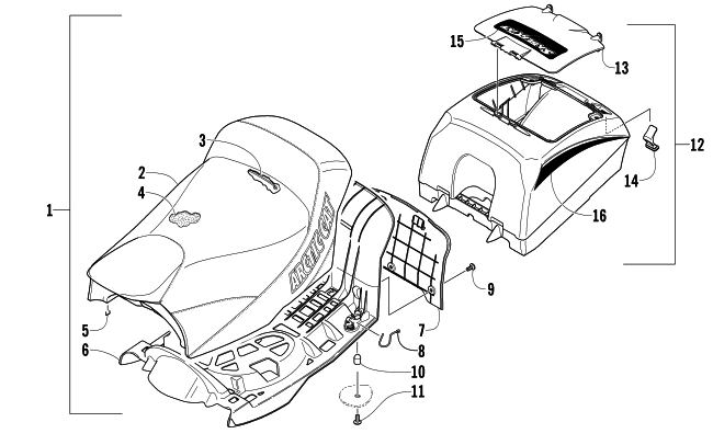 Parts Diagram for Arctic Cat 2004 SABERCAT 600 EFI EXT SNOWMOBILE SEAT AND STORAGE BOX ASSEMBLY