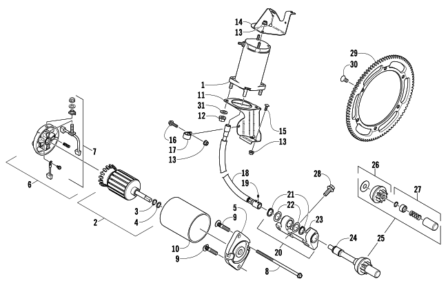 Parts Diagram for Arctic Cat 2004 SABERCAT 600 EFI LX SNOWMOBILE FLEX-DRIVE STARTER MOTOR ASSEMBLY