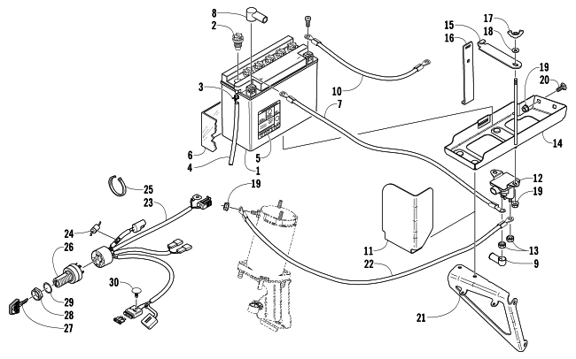 Parts Diagram for Arctic Cat 2004 SABERCAT 700 EFI LX SNOWMOBILE BATTERY, SOLENOID, AND CABLES