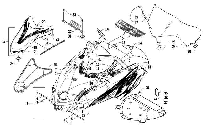 Parts Diagram for Arctic Cat 2004 FIRECAT 600 SNO PRO 1 SNOWMOBILE HOOD AND WINDSHIELD ASSEMBLY