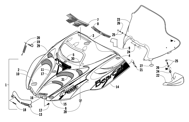 Parts Diagram for Arctic Cat 2004 BEARCAT WIDE TRACK SNOWMOBILE HOOD AND WINDSHIELD ASSEMBLY