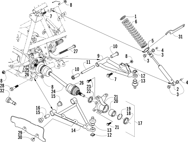 Parts Diagram for Arctic Cat 2004 400 AUTOMATIC TRANSMISSION 4X4 FIS ATV FRONT SUSPENSION ASSEMBLY (VIN Ending in 225000 and Up)