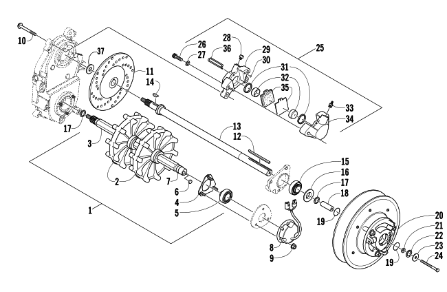 Parts Diagram for Arctic Cat 2004 SABERCAT 600 EFI LX SNOWMOBILE DRIVE TRAIN SHAFTS AND BRAKE ASSEMBLIES