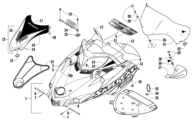 Parts Diagram for Arctic Cat 2004 SABERCAT 600 LX SNOWMOBILE HOOD AND WINDSHIELD ASSEMBLY