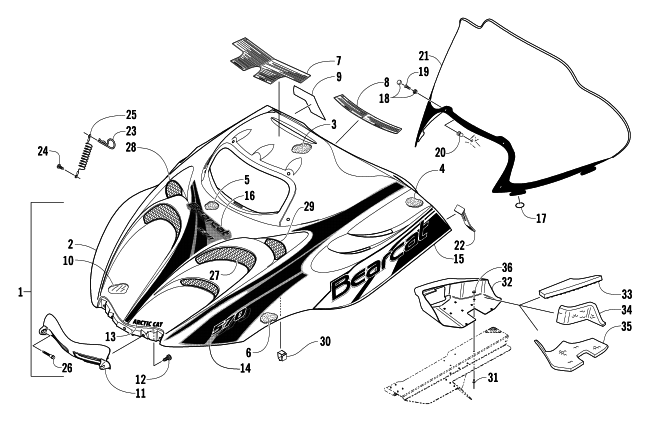 Parts Diagram for Arctic Cat 2004 BEARCAT 570 SNOWMOBILE HOOD AND WINDSHIELD ASSEMBLY